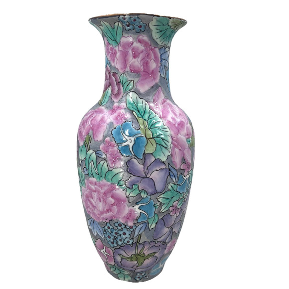 Vintage Asian Chinese Hand Painted Porcelain Vase Textured Floral Accents 12" - Picture 1 of 5